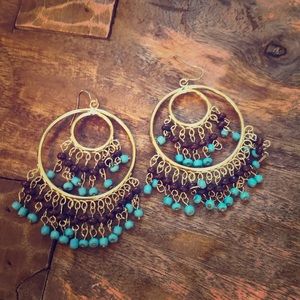 Turquoise and wood bead chandelier earrings